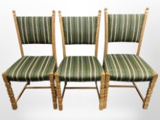 A set of five Danish blond oak dining chairs in striped upholstery