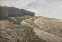 H Sorrensen : Figure on a rural track, oil on canvas, 95cm x 66cm.
