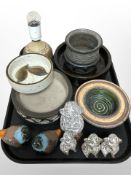 A group of 20th-century Danish studio pottery wares including pair of birds, lamp base, dishes, etc.