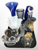 A group of 20th-century Danish glass ware, Holmegaard lidded hexagonal vessel, vases, etc.