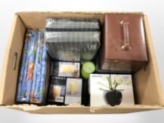 A quantity of LED candles, orchid plant pot, contemporary jewellery boxes, new bed covers, etc.