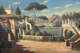 G Caprino : Figure by a villa, oil on canvas, 117cm x 78cm.