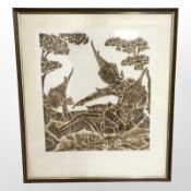 A contemporary Thai monochrome picture depicting figures in traditional dress,