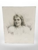 20th-century school : Pencil sketch of a lady, 38cm x 30cm.