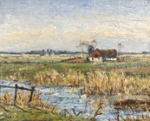Danish school : Marshland by a farmhouse, oil on canvas, 47cm x 37cm.