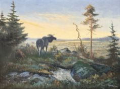 J Albisson : Stag on moorland, oil on canvas, 49cm x 36cm.