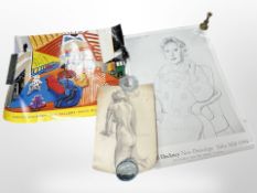 Two David Hockney gallery posters, together with a pencil nude study of a lady by Leonard Moorhouse,