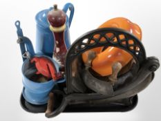 A group of Scandinavian kitchenalia including pine and cast-iron bread slicer,