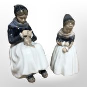 A Royal Copenhagen figure of a lady sewing, and a further figure of a girl.
