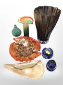 Two studio glass bowls, two vases, paperweights, etc.