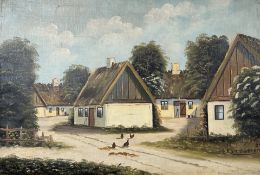 E Rasmussen : Chickens by thatched barns, oil on canvas, 64cm x 43cm.
