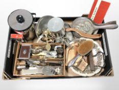 Assorted silver-plated cutlery, wooden cuterly tray, silver-plate and stainless steel wares, etc.