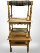 Two Danish blonde oak occasional tables and a further upholstered footstool, tallest 48cm.