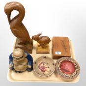 A group of treen and wooden items including a cigar box , carved heron, a running hare, etc.