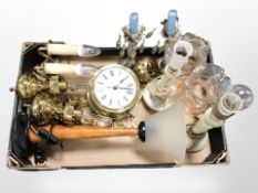 A group of brass wall lights, onyx table lamps, ship's-style quartz wall timepiece, etc.