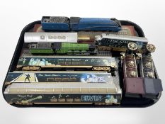 A Bachmann OO gauge locomotive and four passenger cars, decorated with Elvis Presley advertising,
