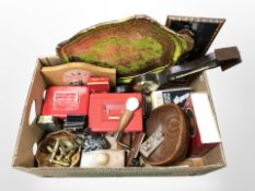 Miscellaneous items including a gilt serving platter, metal cash boxes, barometer, mantel clock,