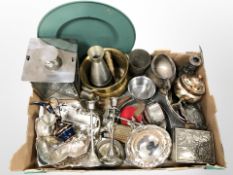 A collection of metal wares including embossed Japanese cigarette box,