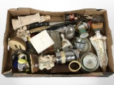 A mixed lot of silver-plated cutlery, tea wares, figurines, fragrances, etc.