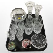 A Selkirk paperweight and one other, together with a group of crystal tumblers, rose bowl, vases,