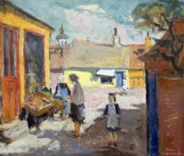 H Svend Nielsen : Figures in a street, oil on canvas, 69cm x 59cm.