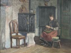 Danish school : Figure seated in a kitchen, oil on canvas, 54cm x 40cm.