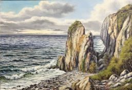 V Christensen : A rocky shoreline, oil on canvas, 100cm x 68cm.