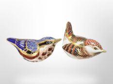 Two Royal Crown Derby porcelain bird paperweights, both with silver stopper, largest 12cm long.