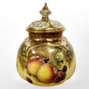 A Royal Worcester pot pourri with cover, hand-painted with panels of fruit by D Fuller,