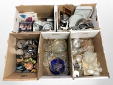 A large quantity of kitchen wares, drinking glasses, tins, etc.