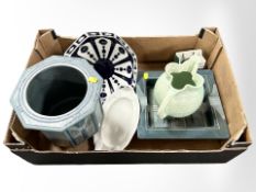 An earthenware planter and similar dish, blue and white fruit bowl,