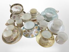 Various porcelain teacups and saucers including Aynsley, Cauldon, Copelands,