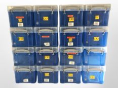 16 plastic lidded storage boxes, width 23cm.