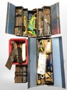 Several tool boxes containing assorted hand tools, scales, a Pye radio, etc.