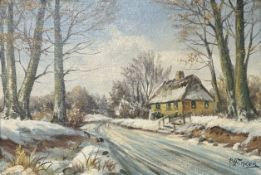 F Hansen : Thatched cottage in snow, oil on canvas, 48cm x 32cm.