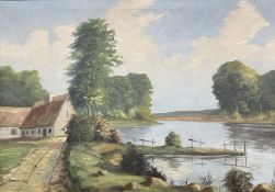 Danish School : Cottage by a river, oil on canvas, 64cm x 44cm.