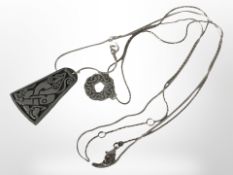A St Justin pewter Celtic design pendant on silver necklace,