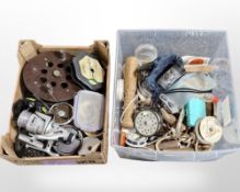 A collection of fishing equipment including assorted reels and line, clothing including wax jacket,