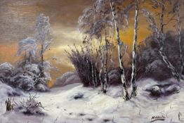 K Valentin : A woodland snow landscape, oil on canvas, 66cm x 45cm.