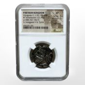 An ancient Parthian silver tetradrachm coin, Vologases V (AD 191-208)m BI Tetradrachm (13.