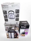 Six boxed home appliances including kettle, Krups coffee grinder,