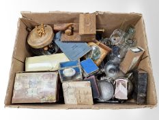 A quantity of treen including cigarette dispenser surmounted by a bird, assorted drinking glasses,