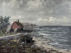E Denby : Thatched cottage by a pebbled beach, oil on canvas, 42cm x 31cm.