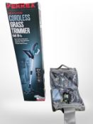 A Ferrex cordless grass trimmer in box and a car valet kit