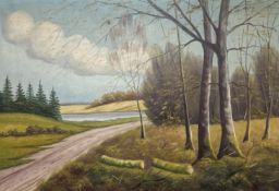 Danish School : Trees by a country track, oil on canvas, 63cm x 43cm.