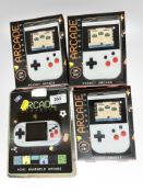 Four pocket arcade games, sealed in retail packaging.