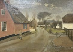 T B Dahl : Figures in a village street, oil on canvas, 71cm x 51cm.