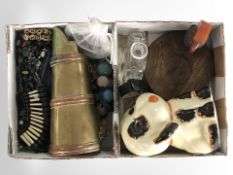 A group of items including oak ash tray surmounted by a bird with bakelite head,