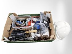 A quantity of tools and hardware, hard hat, mini air compressor, etc.