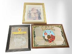 A Theakston advertising mirror, Becks mirror and gilt framed print,